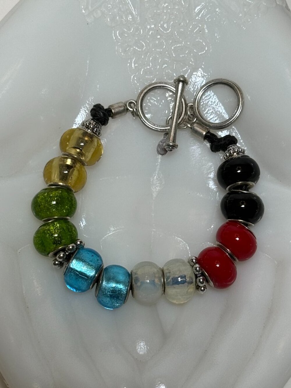 Multi Colored Beaded Bracelet Black Leather Adjustable Length Toggle Clasp